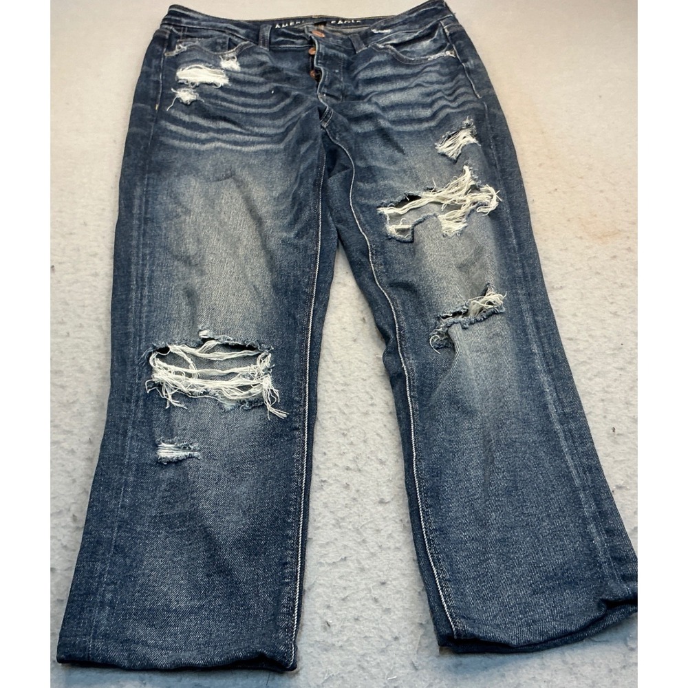 American Eagle HEMMED Distressed Jeans Button Fly Medium Wash Denim Size 6